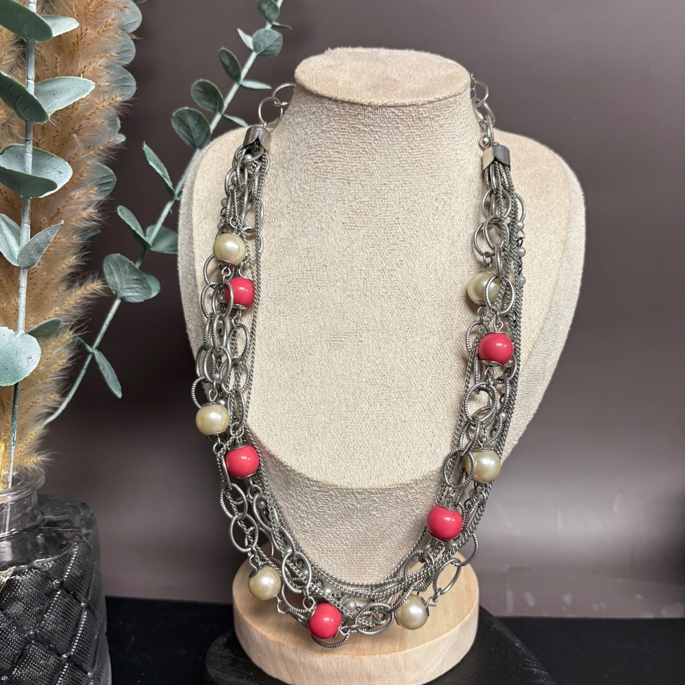 New York & Co Layered Silver Tone‎ Chain Necklace | Pink Bead | Multi Strand Y2K